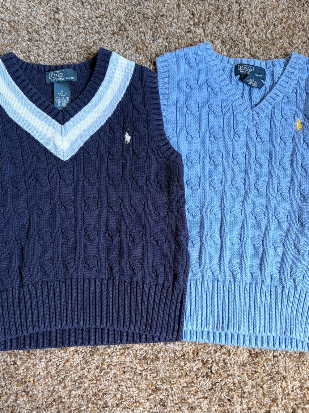 Ralph Lauren Kids V-Neck Cable Knit Sweater Vests - Navy & Light Blue